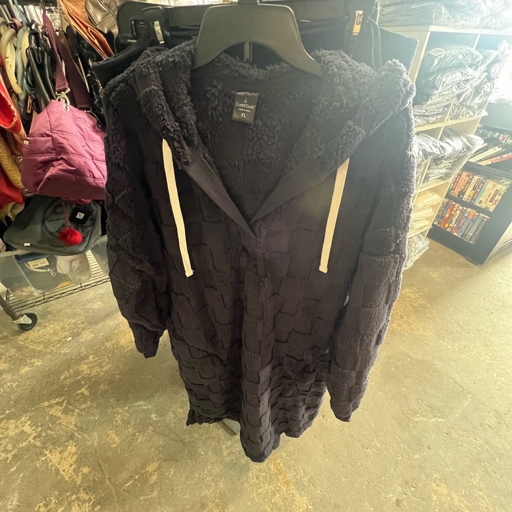 Cuddl Duds Navy Plush Hooded Coatigan with Drawstrings